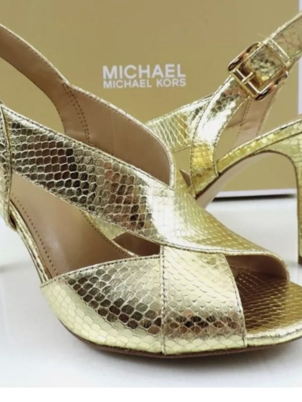 New in Box Michael Kors Gold Snakeskin  Becky Sandals Size 8